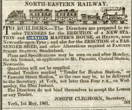 Advert for tendeer for new station and station-master's house